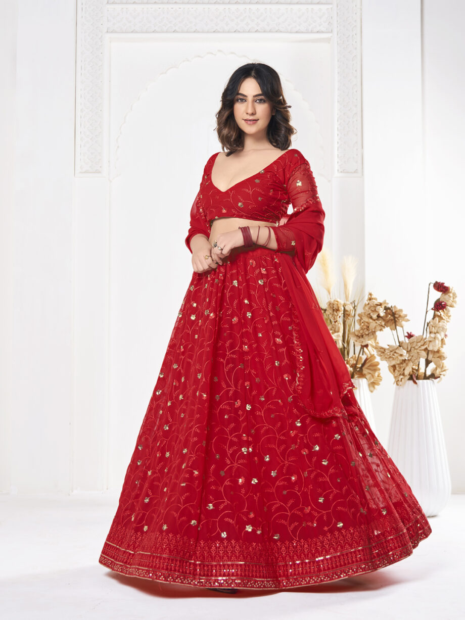 Red Georgette Semi stitched Lehenga Choli