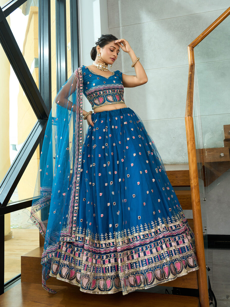 Turquoise Georgette Semi stitched Lehenga Choli