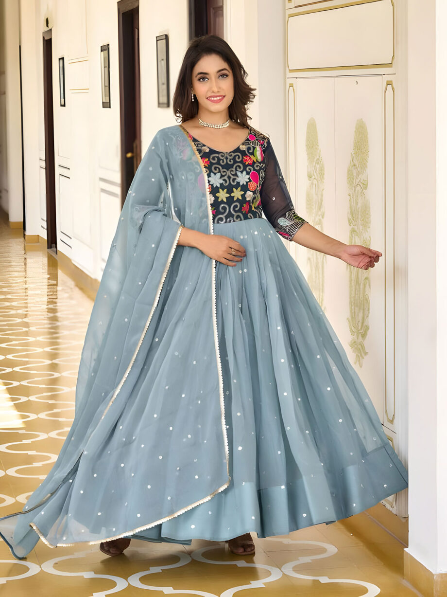 Midnight-Plastel Blue Gown With Dupatta
