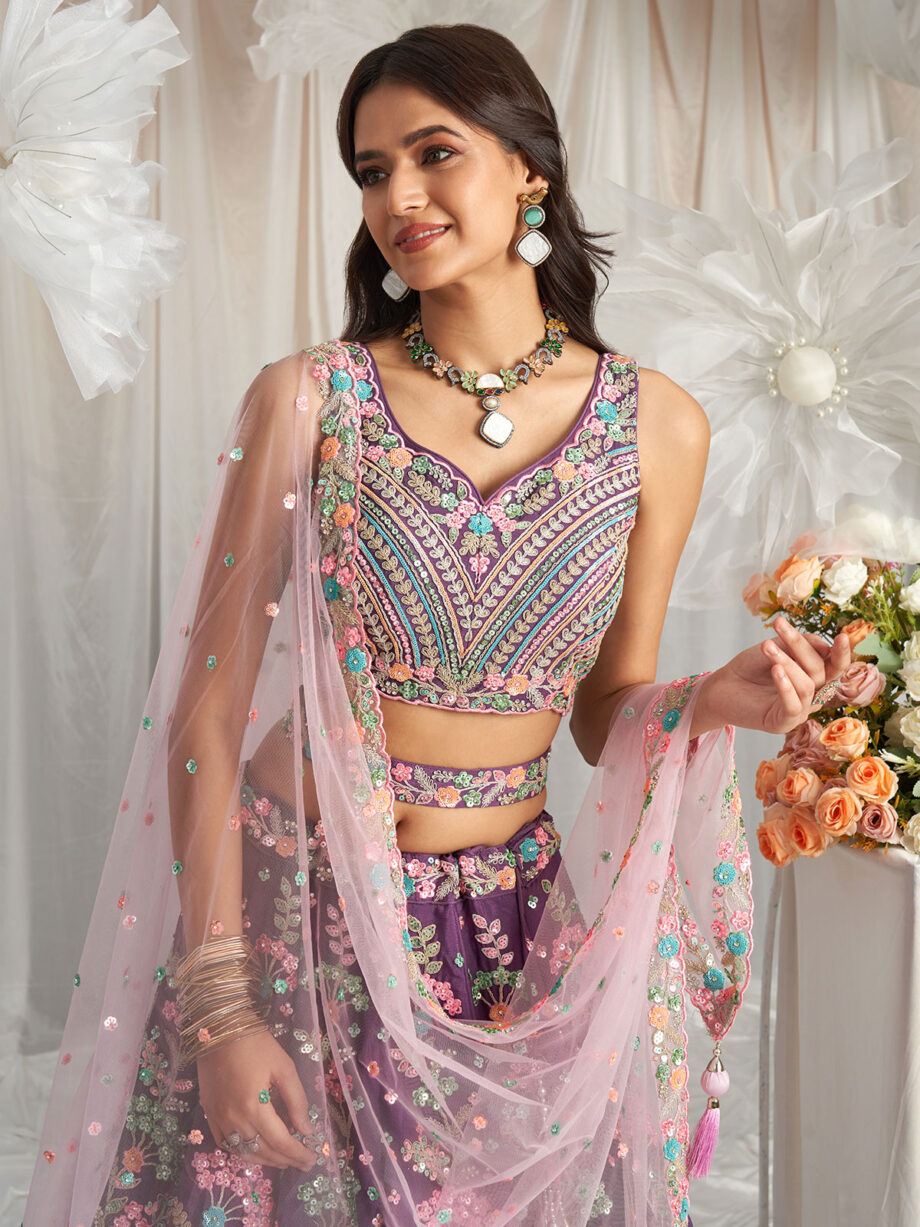 Purple Poly Georgette Lehenga Choli With Dupatta