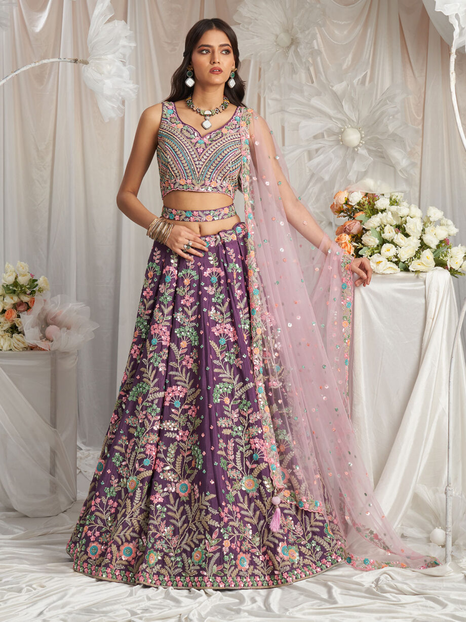 Purple Poly Georgette Lehenga Choli With Dupatta