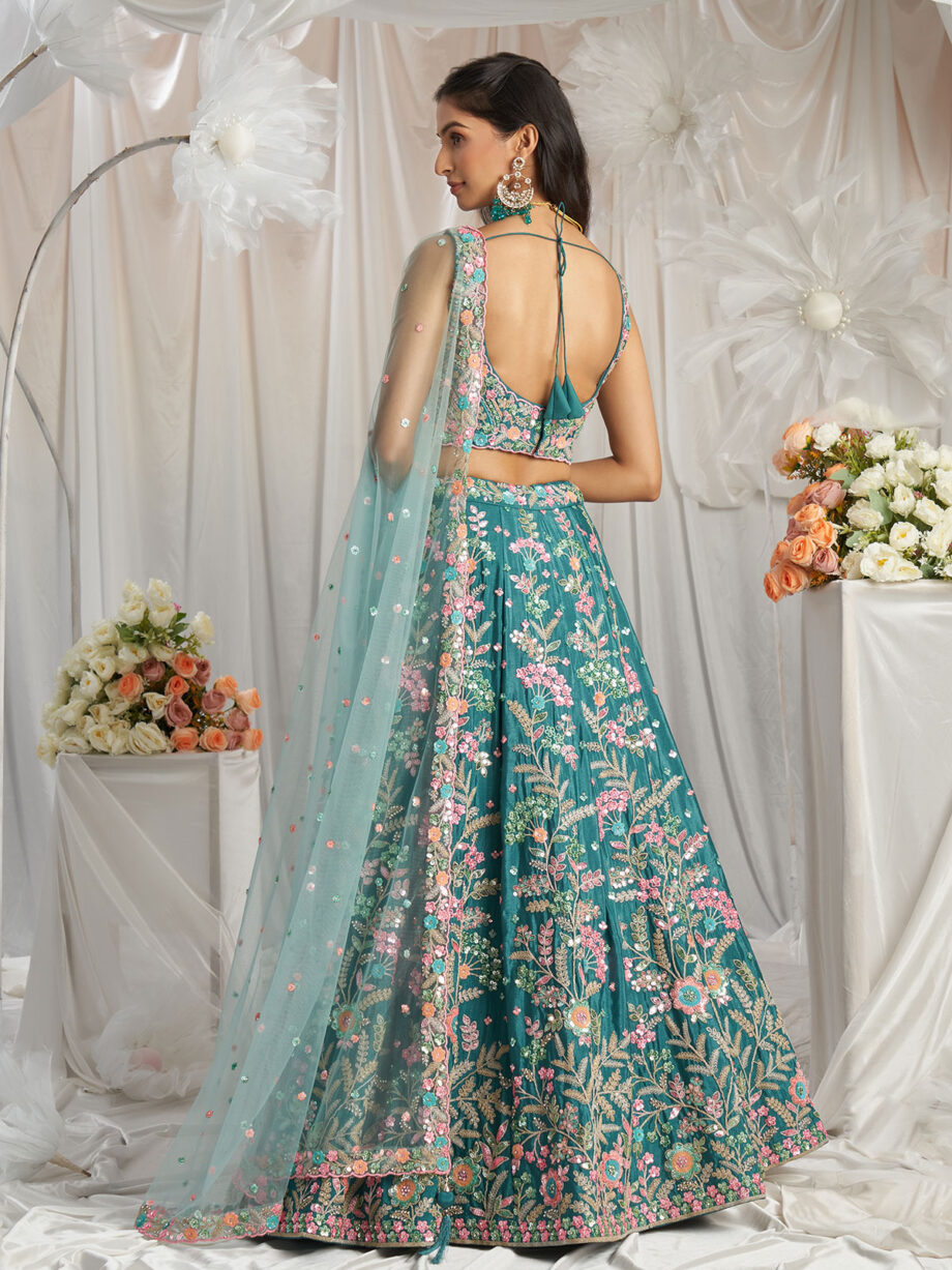 Teal Poly Georgette Lehenga Choli With Dupatta