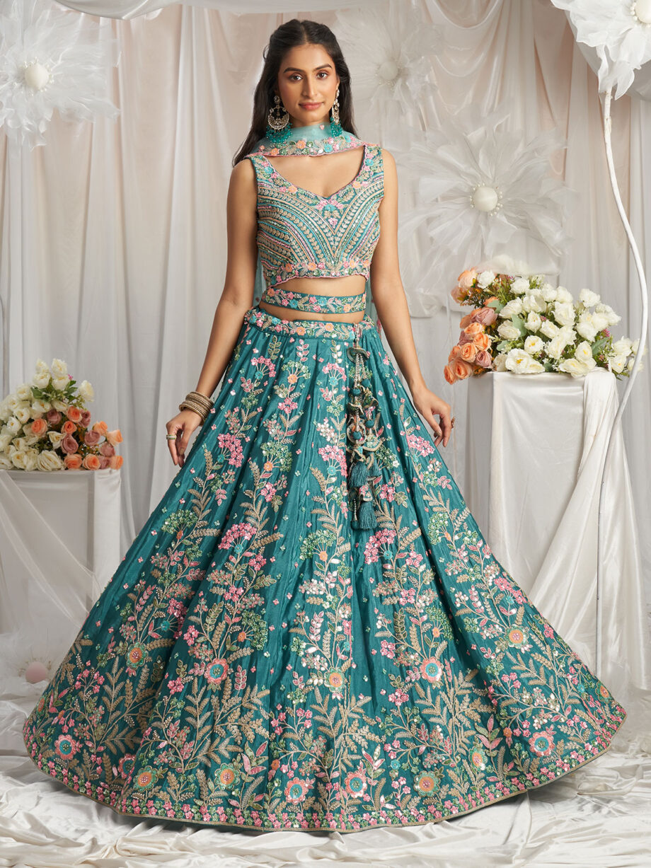 Teal Poly Georgette Lehenga Choli With Dupatta