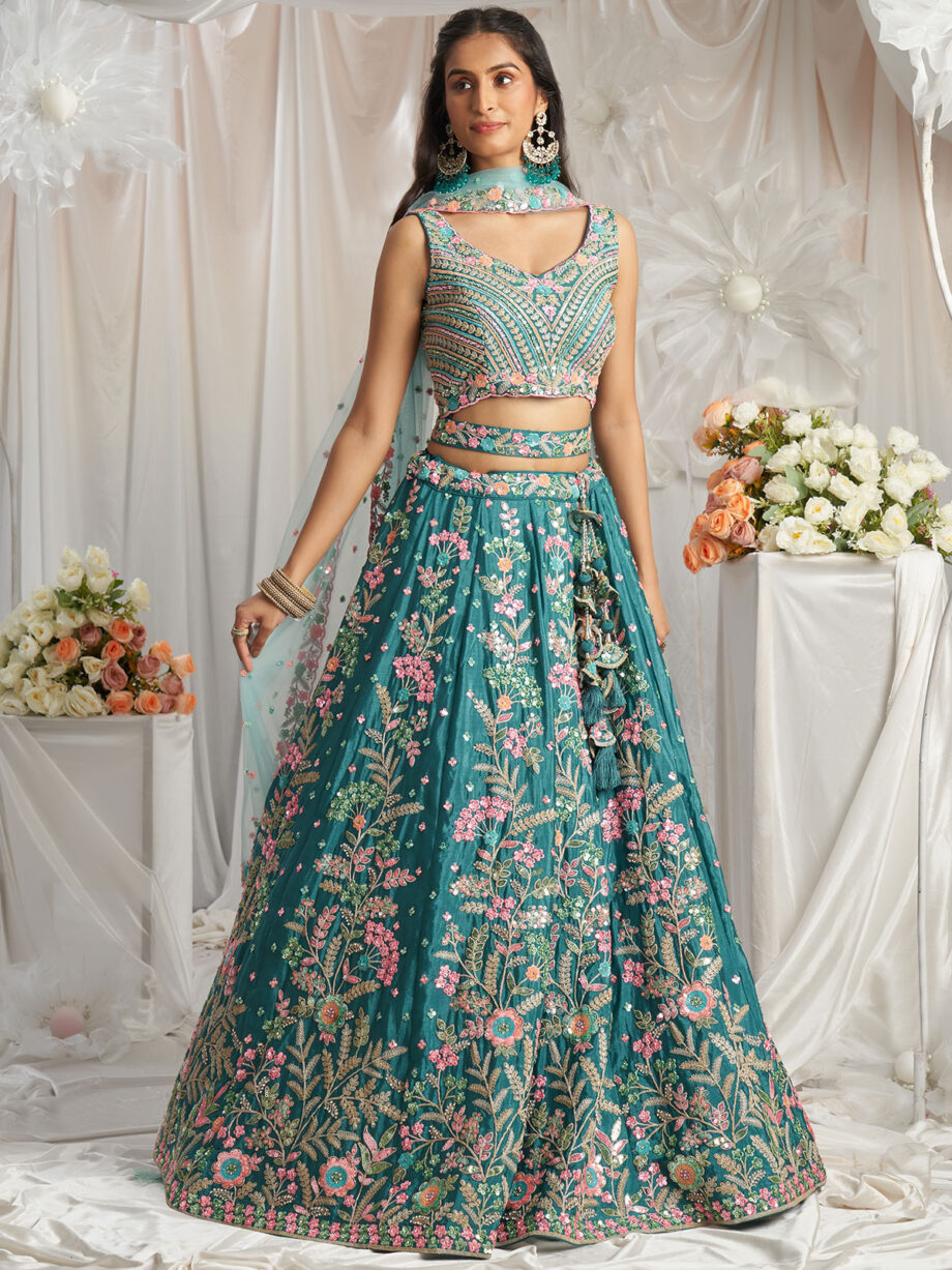 Teal Poly Georgette Lehenga Choli With Dupatta