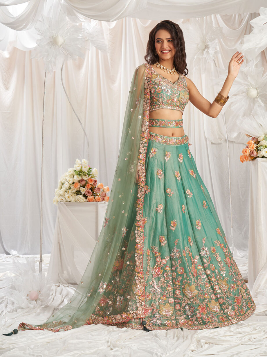 Lime Green Poly Georgette Lehenga Choli With Dupatta