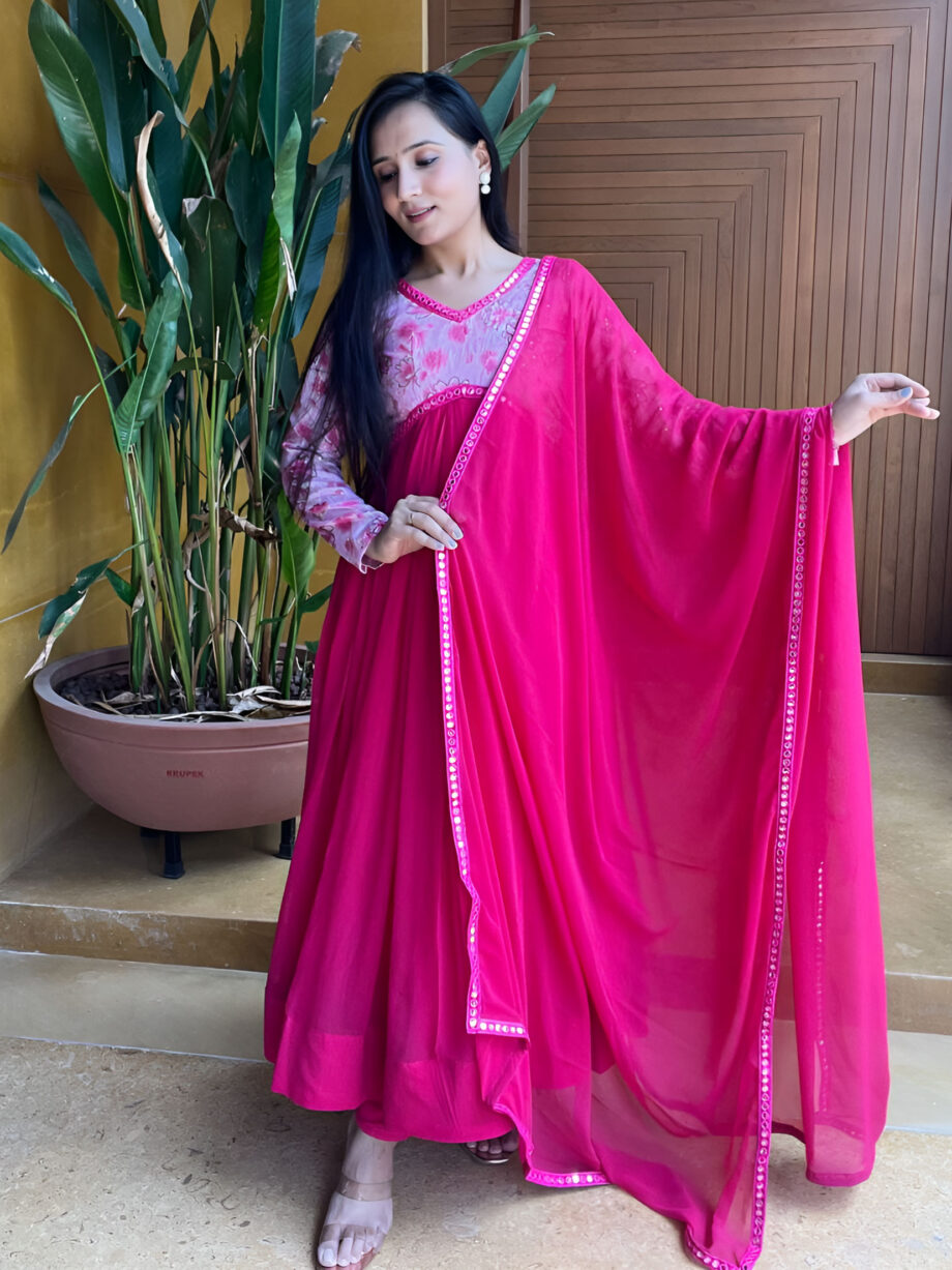 Pink Georgette Designer Gown With Dupatta