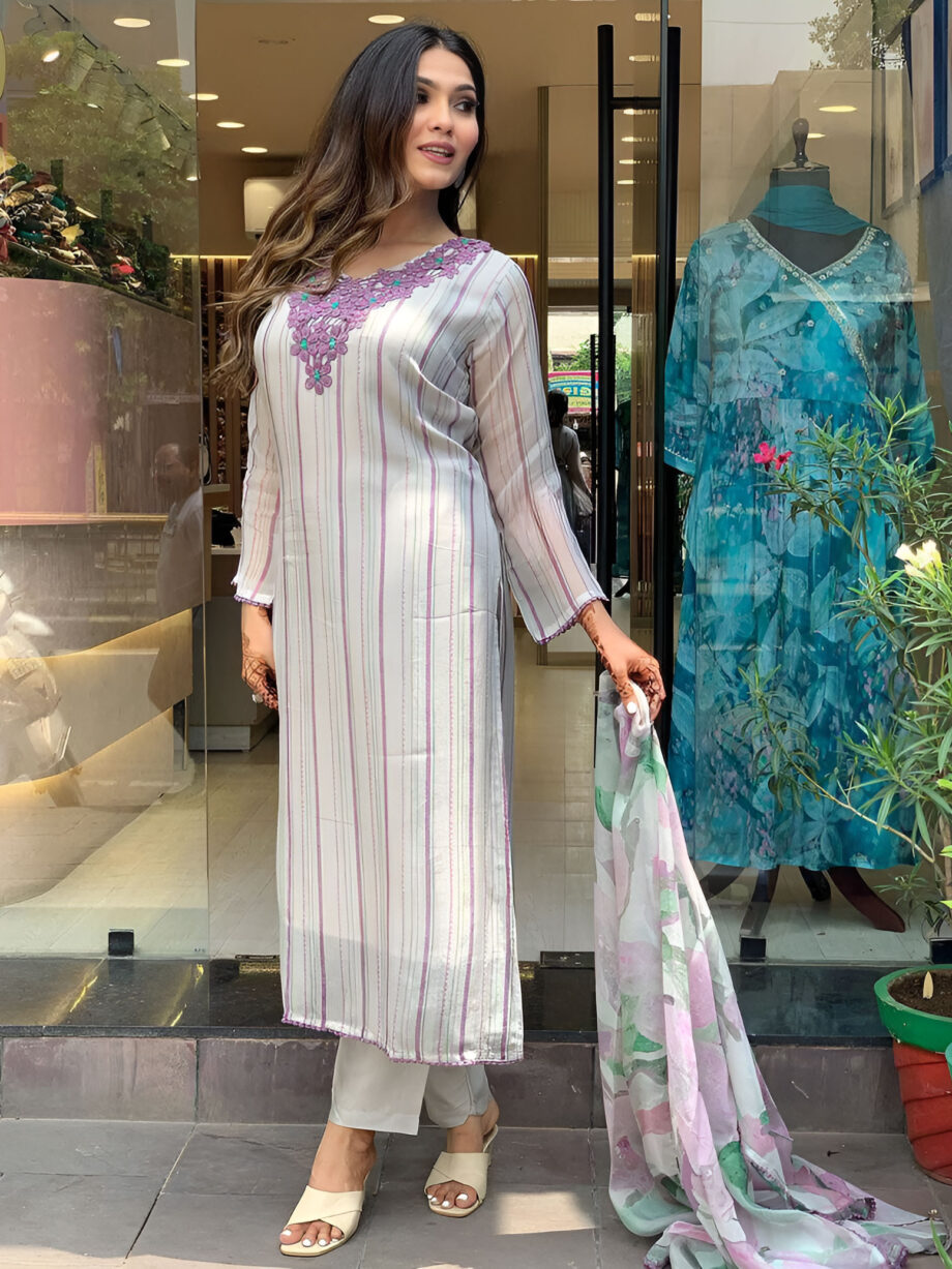 White Colour Organza Taby Silk Suit Set