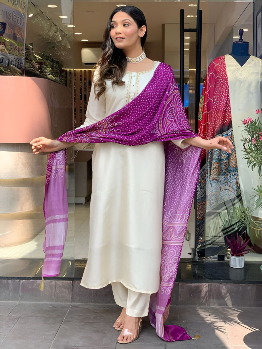 Cream Colour Viscose Chanderi Silk Suit Set