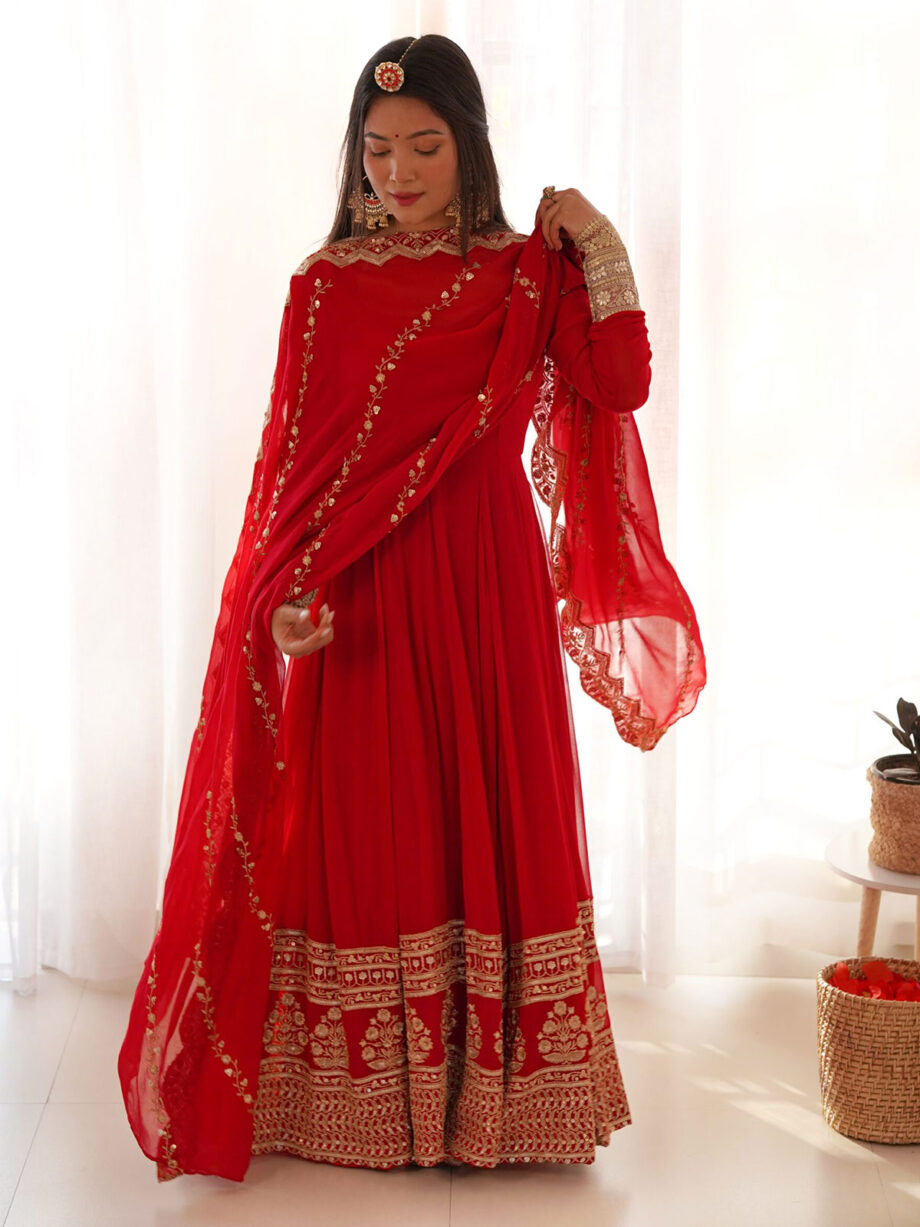 Red Georgette Designer Gown With Dupatta
