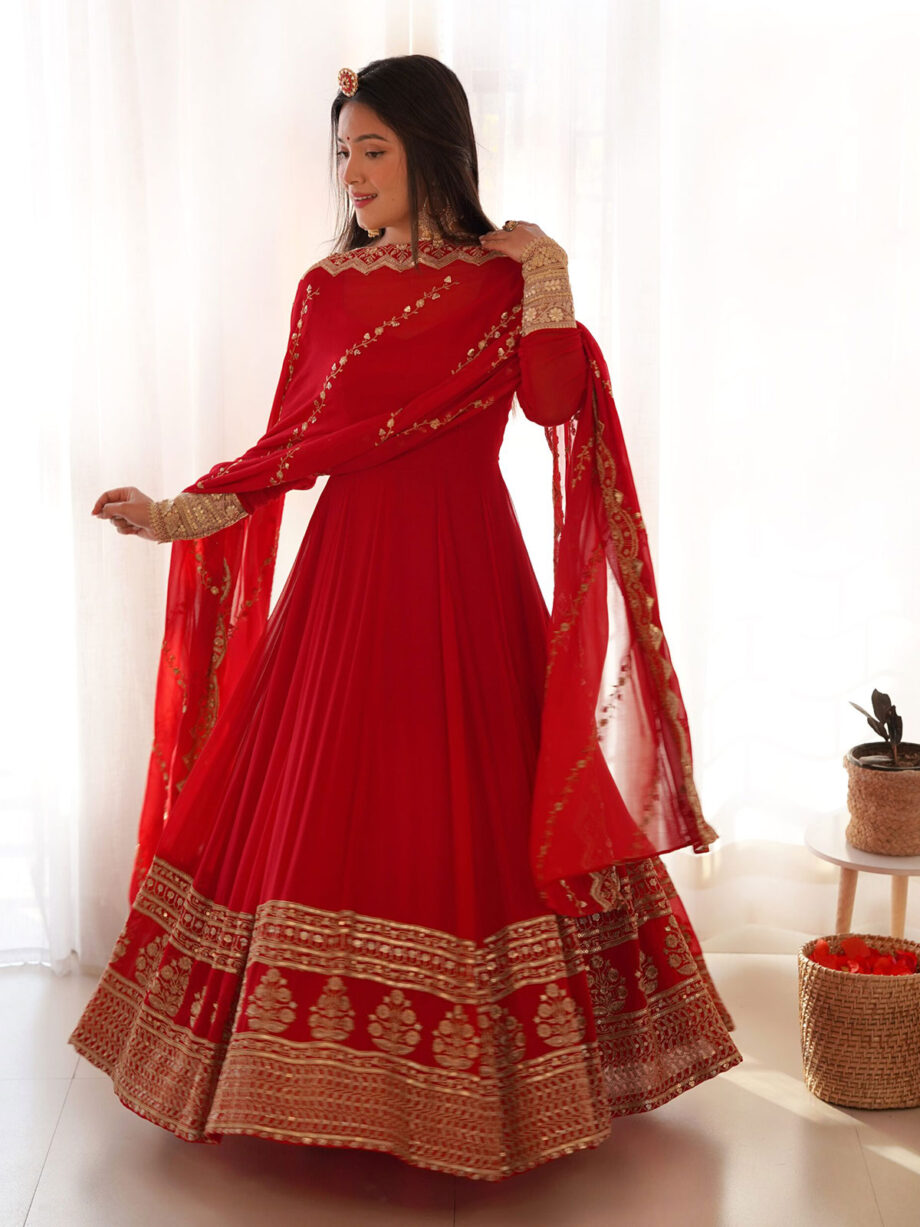 Red Georgette Designer Gown With Dupatta